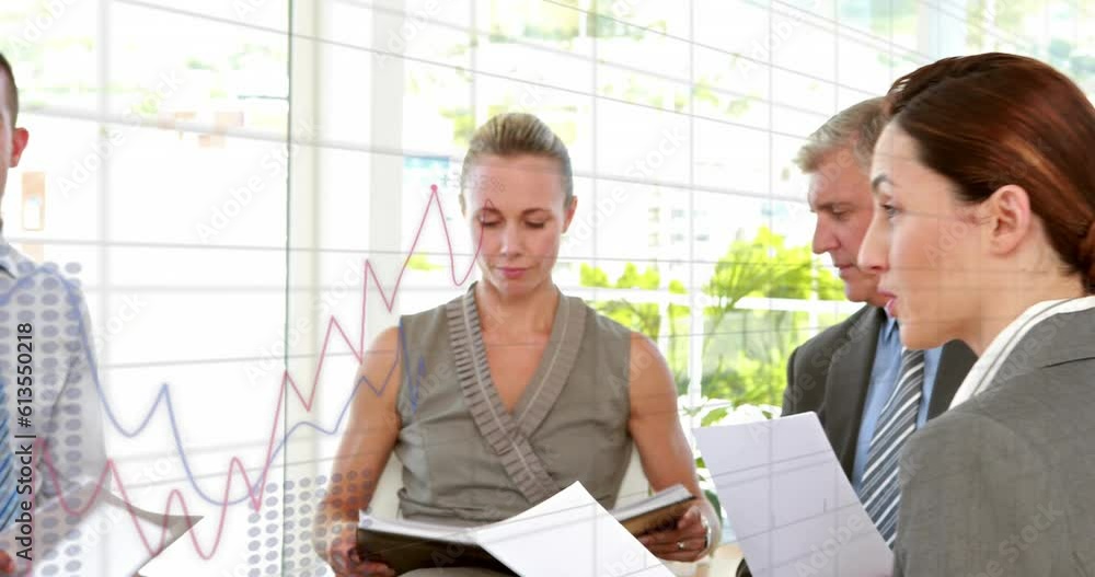 Poster animation of statistical data processing over diverse businesspeople discussing together at office