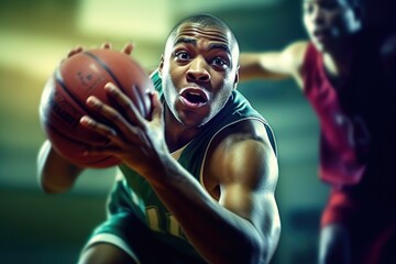 The teamwork and coordination of a male basketball player as he goes for a dunk during a game. Generative AI