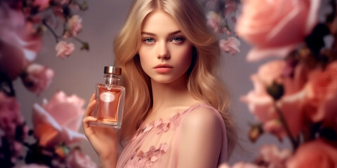 Beautiful blonde woman with perfume bottle on pink floral background. AI generated - 613550263