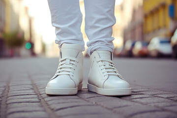 Urban chic white leather sneaker complements city Generative AI