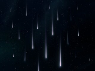 Meteor shower in the sky. Shooting stars on a black background. Meteor trails, bright meteoroids at night.
