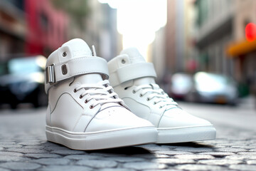 Urban chic white leather sneaker complements city Generative AI