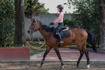 Young woman riding a horse in an equestrian center