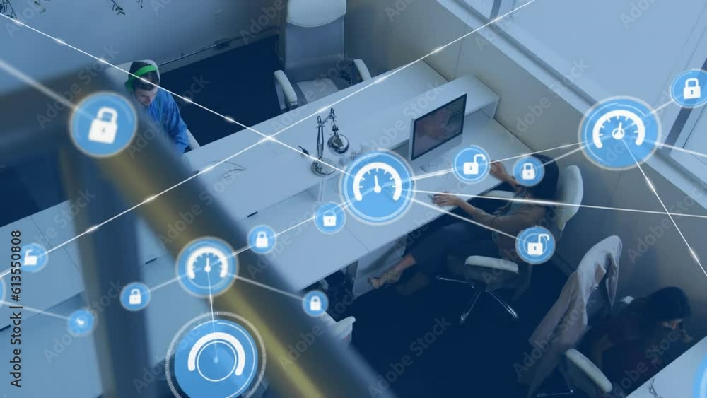 Aufkleber animation of network of digital icons against overhead view of diverse people working at office