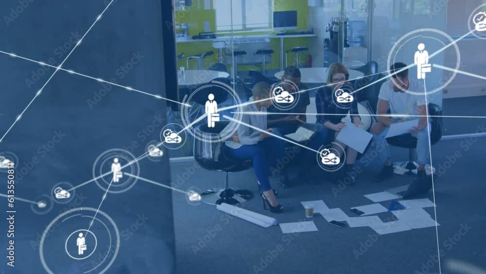 Poster animation of network of digital icons against diverse colleagues with documents working at office