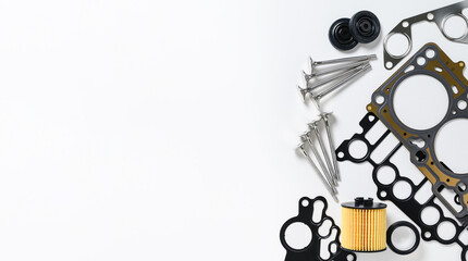 Flat lay. New auto parts on a white background. Copy space. Auto parts store