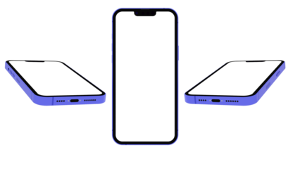 A set of three isolated images of a blue smartphone from different angles. Blank phone screen for inserting a picture. Isolate. 3D render.