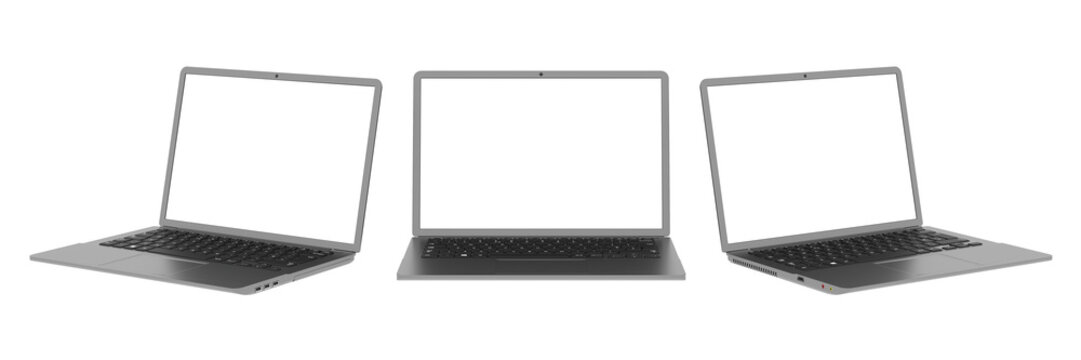 A set of three isolated images of a black laptop from different angles. A blank laptop screen for inserting a picture. Isolate. 3D render.