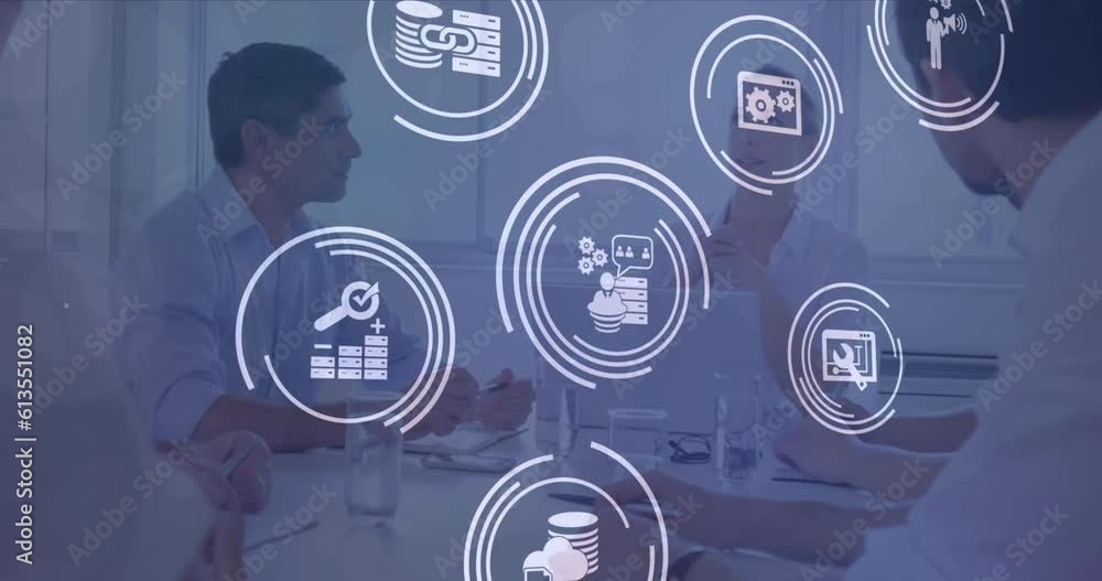 Poster animation of multiple digital icons against diverse colleagues discussing together at office