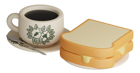 3D rendering breakfast set icon. Traditional oriental style butter bread toast and black coffee kopi-o. Vintage Nanyang style coffee cup and plate illustration