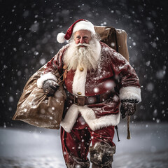 Santa claus delivering gifts in the snow.