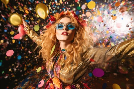 An image of a woman wearing a playful and whimsical New Year's costume, featuring a multi - colored tutu, a sequin top, and oversized party glasses. Generative AI