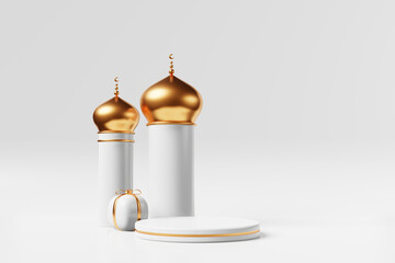 Islamic podium empty scene for product advertising 3d rendering. Ramadan, Raya Hari, Mawlid sale template. Muslim holiday festival Eid al Adha. Mosque sheep sacrifice crescent gift lantern light stars