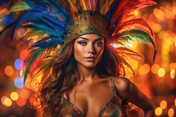 Fototapeta na wymiar The enchanting beauty of a woman dressed in a lively and colorful New Year's costume against a vibrant backdrop in a studio setting. Generative AI