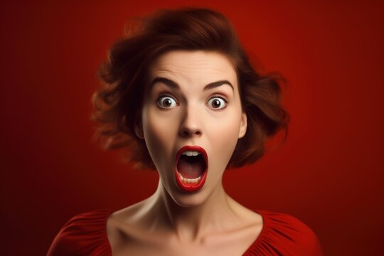 Girl looking surprised, reacting amazed, raising eyebrows impressed, standing over red background