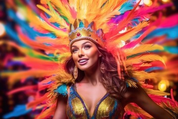 Fototapeta na wymiar The enchanting beauty of a woman dressed in a lively and colorful New Year's costume against a vibrant backdrop in a studio setting. Generative AI