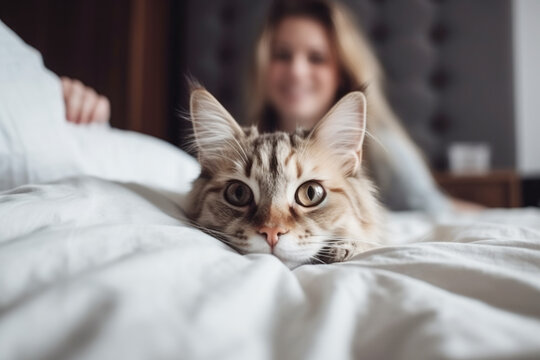 Close up of a cute shaggy cat and happy smiling woman on the bed