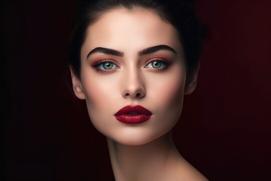 Portrait shot of a woman with flawless skin and a perfectly applied lipstick. Generative AI