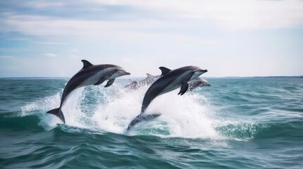 Fototapeta premium Dolphins jumping over the water. Generative AI.