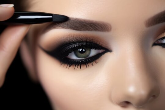 Close - up shot of a makeup artist applying a bold and dramatic winged eyeliner.  Generative AI