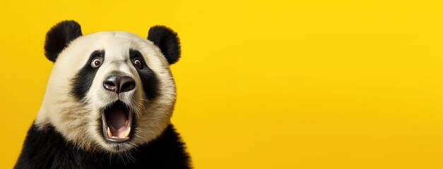 Fototapety  Panda looking surprised, reacting amazed, impressed, standing over yellow background