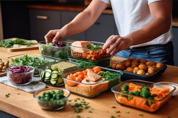 Obraz na płótnie Canvas A lifestyle shot of a man enjoying a homemade meal prep with containers filled with nutritious and portioned meals. Generative AI