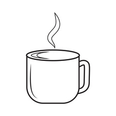 Mug with hot drink, black outline, line, vector illustration in doodle style