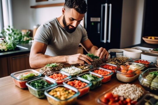 A lifestyle shot of a man enjoying a homemade meal prep with containers filled with nutritious and portioned meals. Generative AI