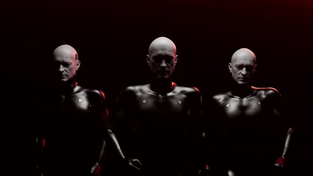 Soldiers of the future. a group of bionic people with a confident gait move in space