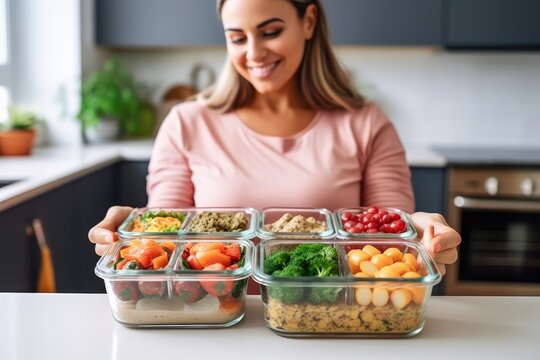A lifestyle shot of a woman enjoying a homemade meal prep with containers filled with nutritious and portioned meals. Generative AI