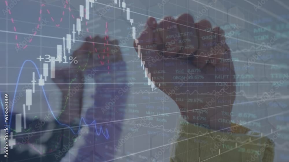 Poster animation of graphs with numbers and trading board over raised fists of diverse people