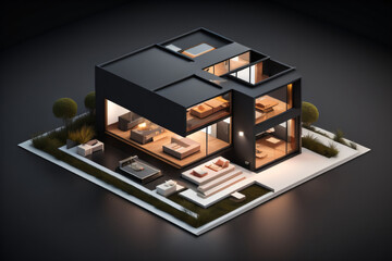 3D Miniature modern Luxury House on Black background