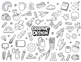 Illustration of doodle concepts on the theme of graphic design in a black line on a white background design style.