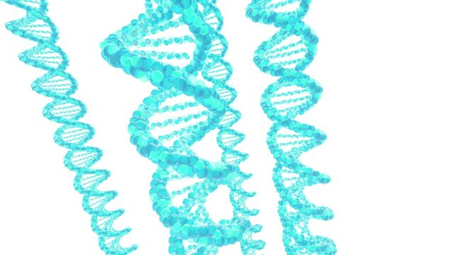 DNA molecule spiral - 3d render. Abstract 3d DNA molecule helix spiral on blue. Medical science, genetic biotechnology, chemistry biology, gene cell concept.