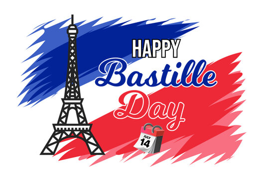 Illustration of a postcard design on the theme of the Bastille Day holiday with the image of the eiffel tower on the background of the French flag.