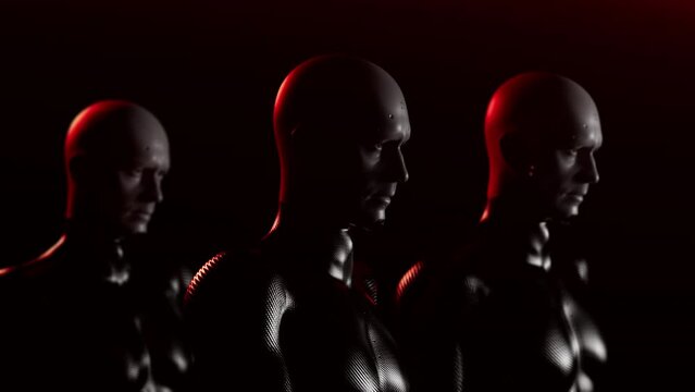 Soldiers of the future. a group of bionic people with a confident gait move in space