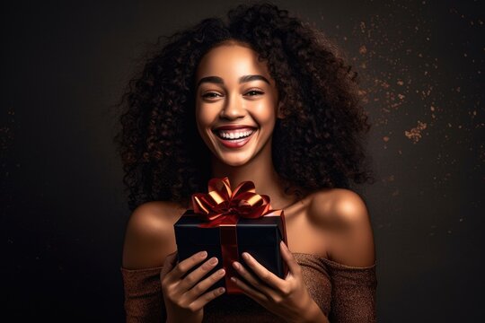 An engaging Black Friday promotion with a captivating photograph of a smiling woman model showcasing a gift box in a studio setting. Generative AI