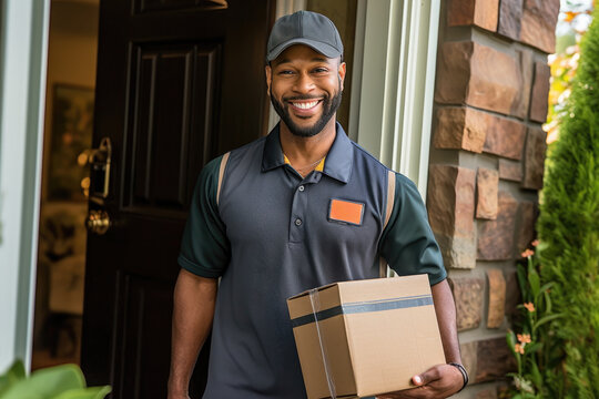 Photo of a courier delivering a package to a residential address. Generative AI