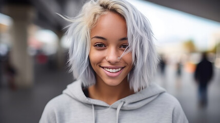 everyday life or city life, young adult woman, medium-length hairstyle, blonde-white hair color, light grey hoodie, in a side street in a city, crowd busy people