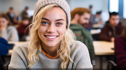 young adult woman or teenager sitting in classroom with many students or pupils, university or professional education and fictional, caucasian blonde wearing cap and sweater