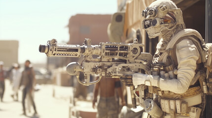 modern weapon systems and combat suit, artificial intelligence and weapon technology in war, soldier with gun, armed, fictional place, desert-like landscape in a city
