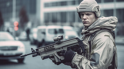 an man, with a rifle or weapon, gun, machine gun, in a big city, - obrazy, fototapety, plakaty