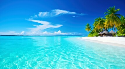 Fototapeta premium Illustration image, beach scene with crystal-clear turquoise waters, powdery white sand, palm leaves, sparkling waves and blue sunny sky, with copy space, Generative AI illustration