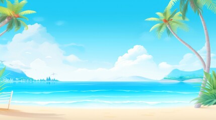 Illustration image, beach scene with crystal-clear turquoise waters, powdery white sand, palm leaves, sparkling waves and blue sunny sky, with copy space, Generative AI illustration