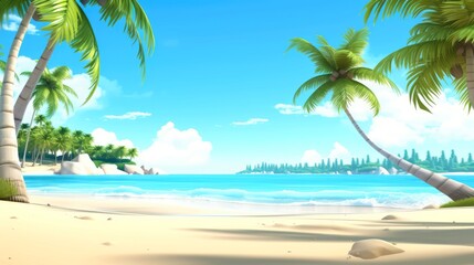 Naklejka na ściany i meble Illustration image, beach scene with crystal-clear turquoise waters, powdery white sand, palm leaves, sparkling waves and blue sunny sky, with copy space, Generative AI illustration