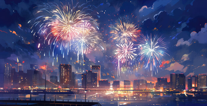 Colorful explosion of fireworks over the night city landscape. Holiday or New Year concept. Generative AI illustration.