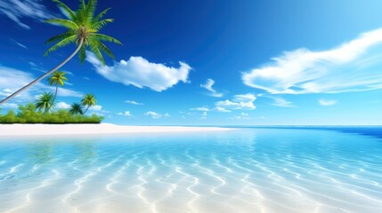 Obraz na płótnie Canvas Illustration image, beach scene with crystal-clear turquoise waters, powdery white sand, palm leaves, sparkling waves and blue sunny sky, with copy space, Generative AI illustration