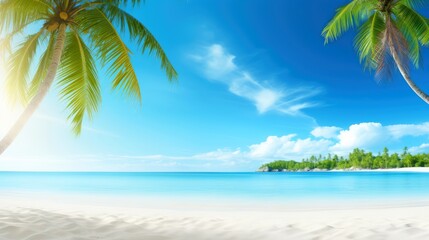 Obraz na płótnie Canvas Illustration image, beach scene with crystal-clear turquoise waters, powdery white sand, palm leaves, sparkling waves and blue sunny sky, with copy space, Generative AI illustration