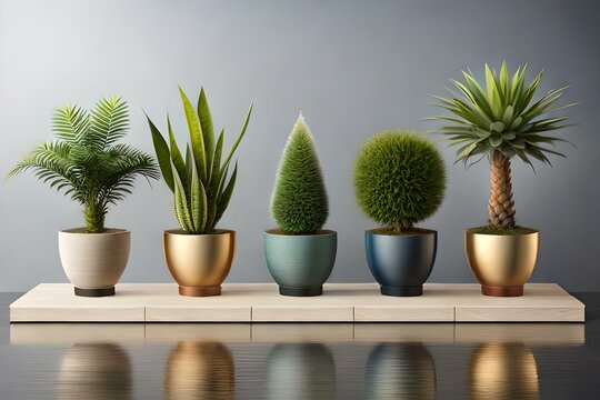 Collection of beautiful plants in ceramic pots. 3D render