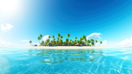 Fototapeta na wymiar Illustration image, beach scene with crystal-clear turquoise waters, powdery white sand, palm leaves, sparkling waves and blue sunny sky, with copy space, Generative AI illustration
